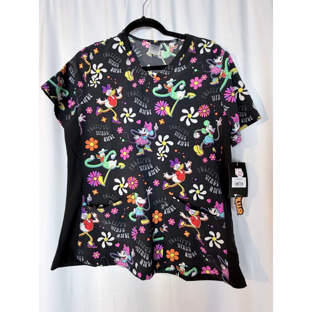 Cherokee Tooniforms Disney Mickey Mouse Retro Floral Scrub Top - Size M - EUC
